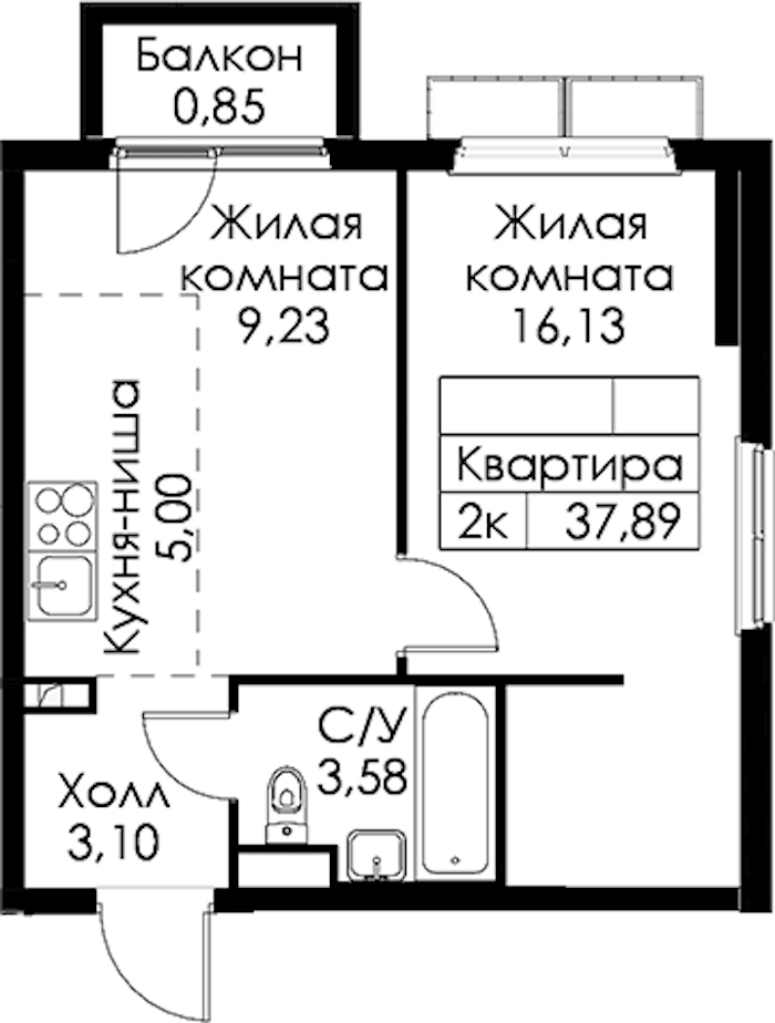 1-комнатная квартира 37.89 м², 11/15 эт., ЖК «Янинский лес»
